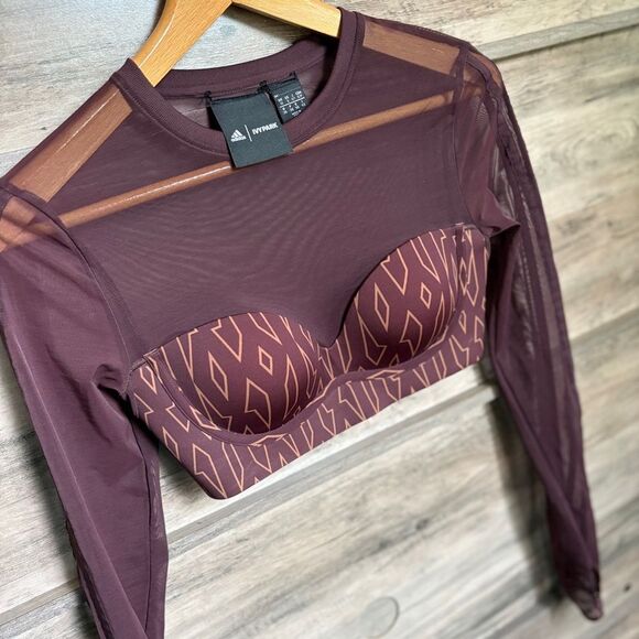 Adidas Tops - Adidas Ivy Park Monogram Brown Athletic Crop Top Mesh Long Sleeves Women's S